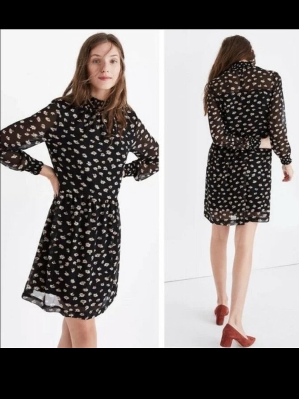 Madewell Black Floral Long-Sleeve Mock Neck Dress NWOT